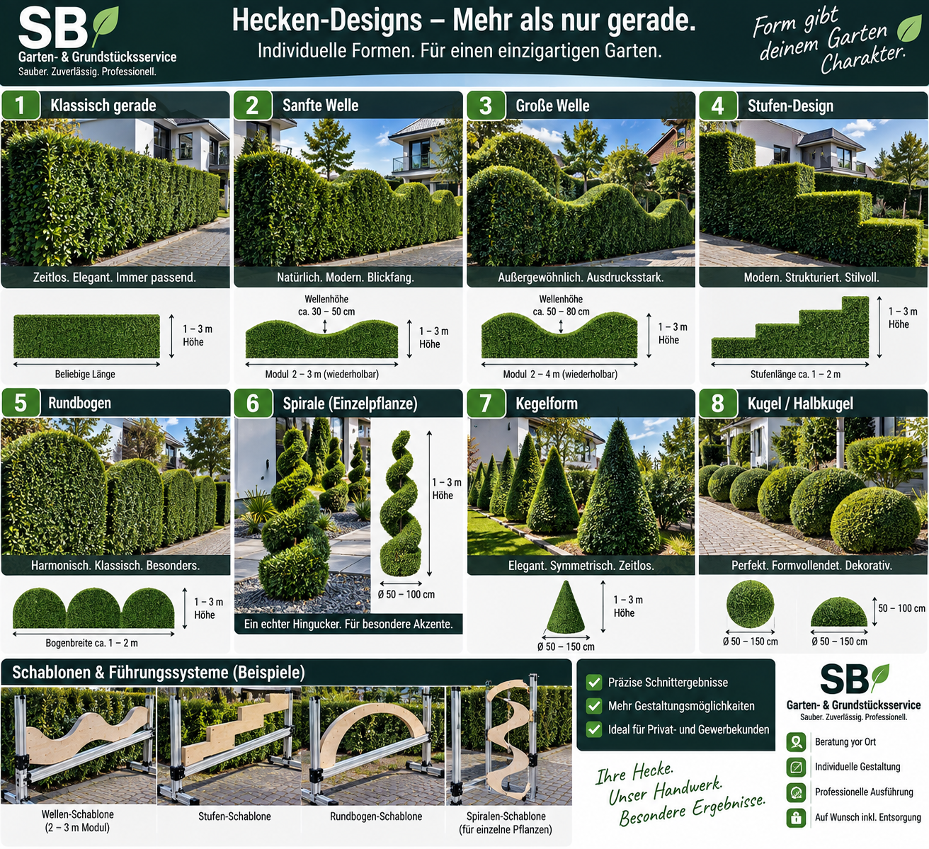 Heckenformen mit Welle, Stufen, Rundbogen und Spirale